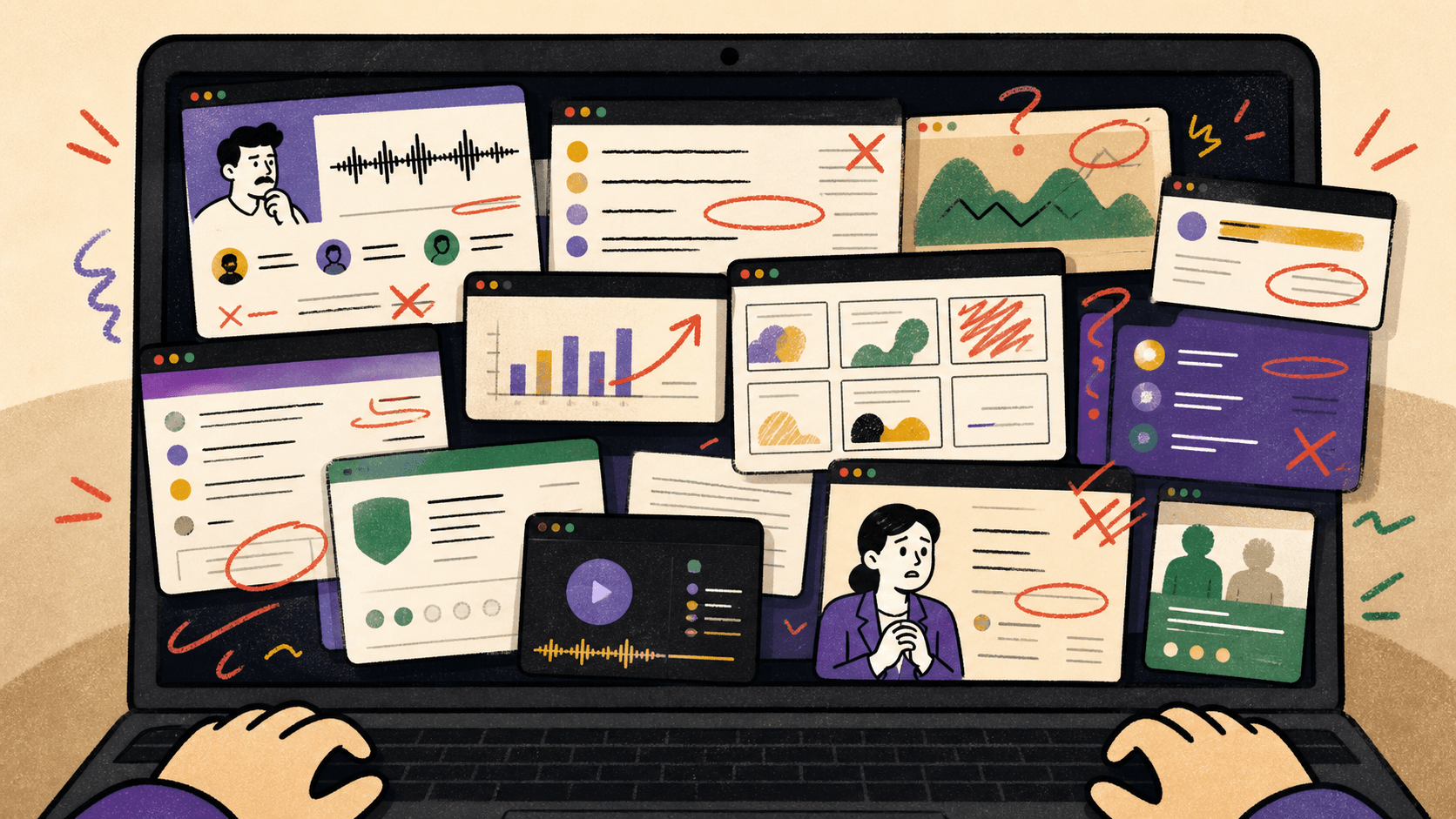 A crayon-style laptop filled with messy sales artifacts